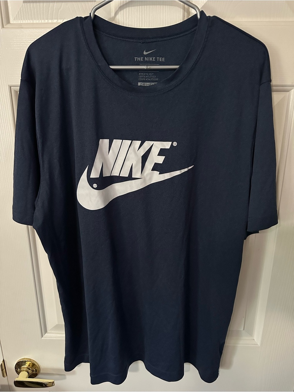 Nike Mens XL Dri-Fit T-Shirt Midnight Navy Blue White Swoosh Icon Futura Tee